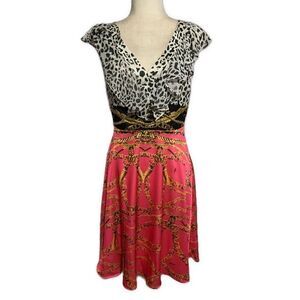 Balizza Pink Black White Chain Leopard Print V Neck Tank knee Length Dress Xs 36